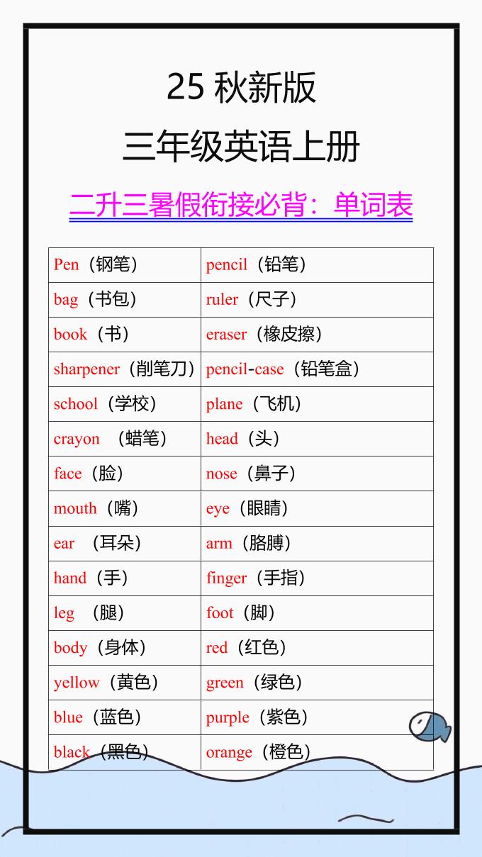 【2025秋新版】三年级英语上册单词表-七宝：认真做好一件事