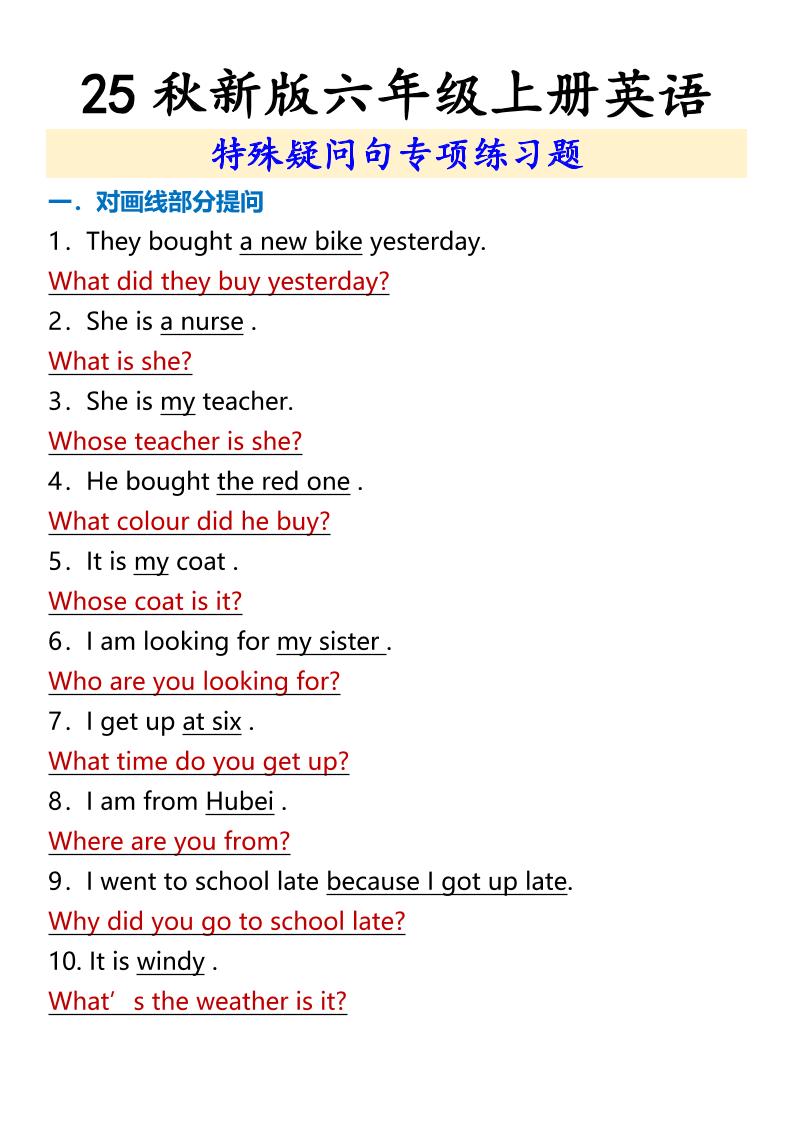 【2025秋新版】六年级上册英语特殊疑问句专项练习题-七宝：认真做好一件事
