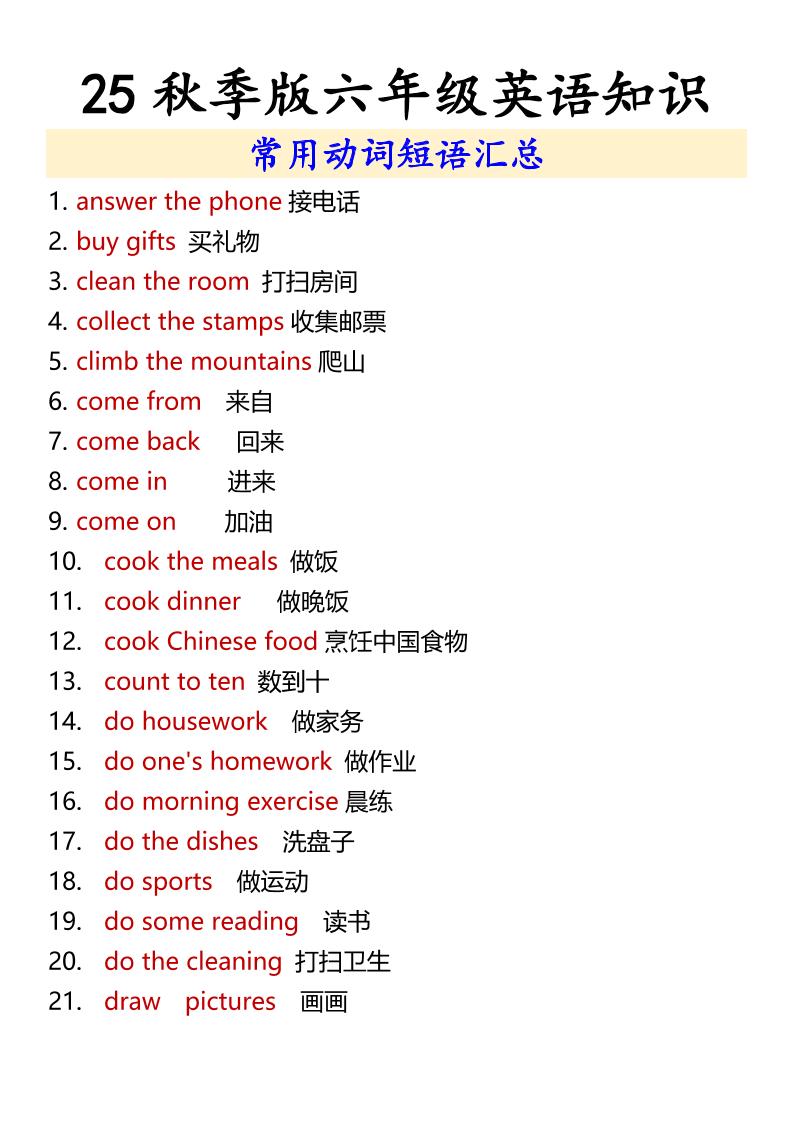 【2025秋新版】六年级上册英语常用动词短语汇总-七宝：认真做好一件事