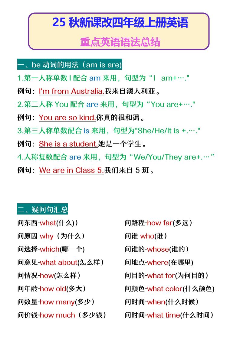 【2025秋新版】四年级上册英语重点英语语法总结-七宝：认真做好一件事