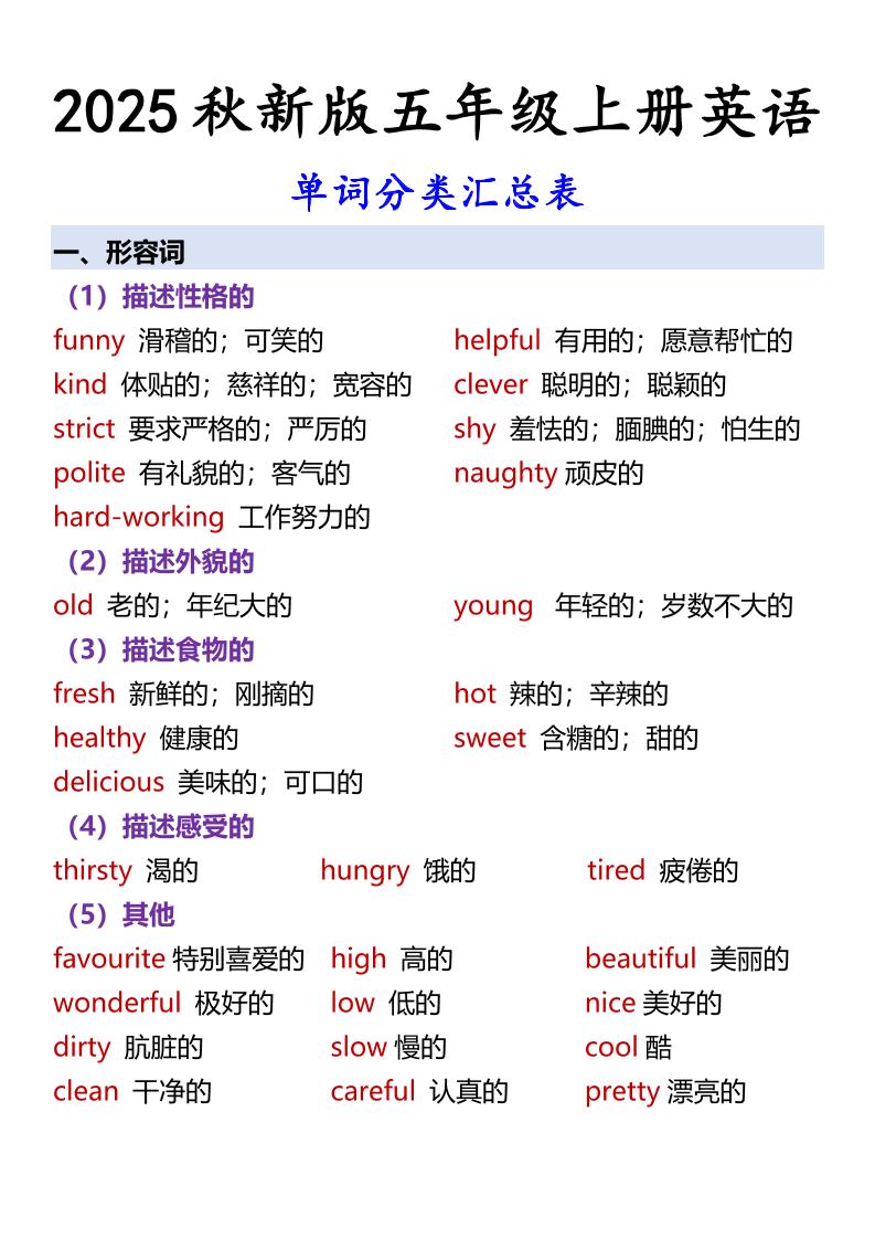 【2025秋新版】五年级上册英语单词分类汇总表-七宝：认真做好一件事