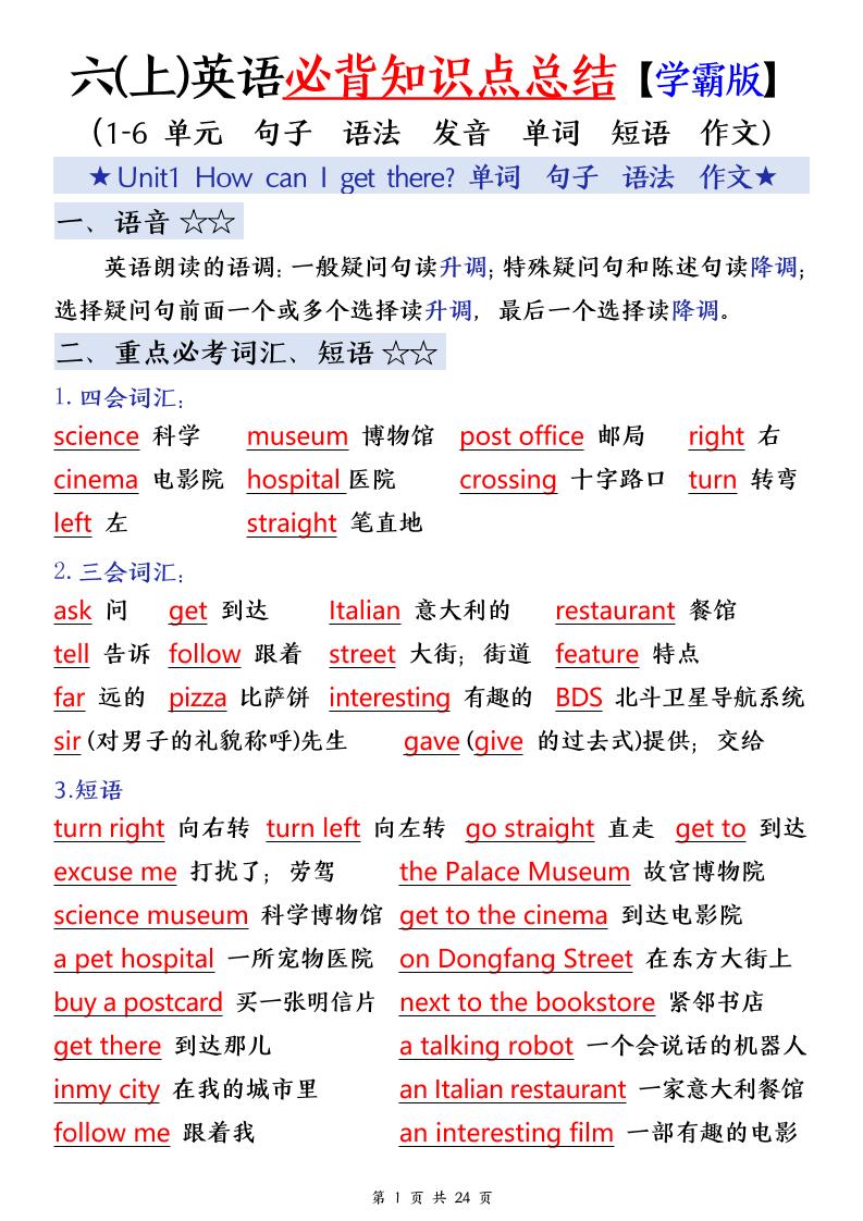 25年秋六上英语必备知识点汇总（单词 短语 句型 语法 写作）24页-七宝：认真做好一件事