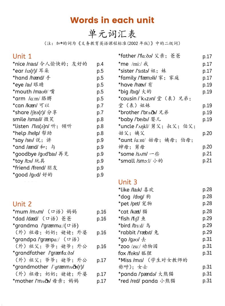 三上PEP英语单元词汇表-新版-七宝：认真做好一件事