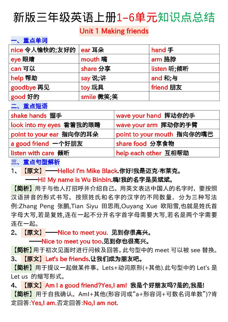 新版三年级英语上册1-6单元知识点总结-七宝：认真做好一件事