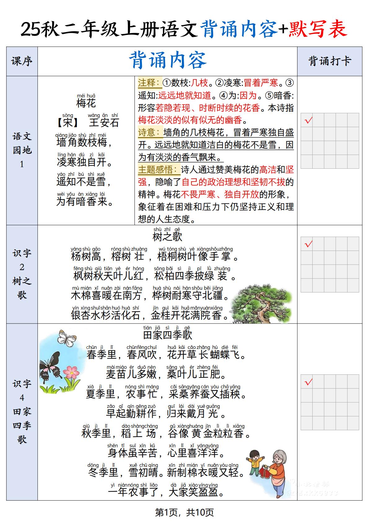 25秋二上语文暑假背诵内容 默写表（10页）-七宝：认真做好一件事