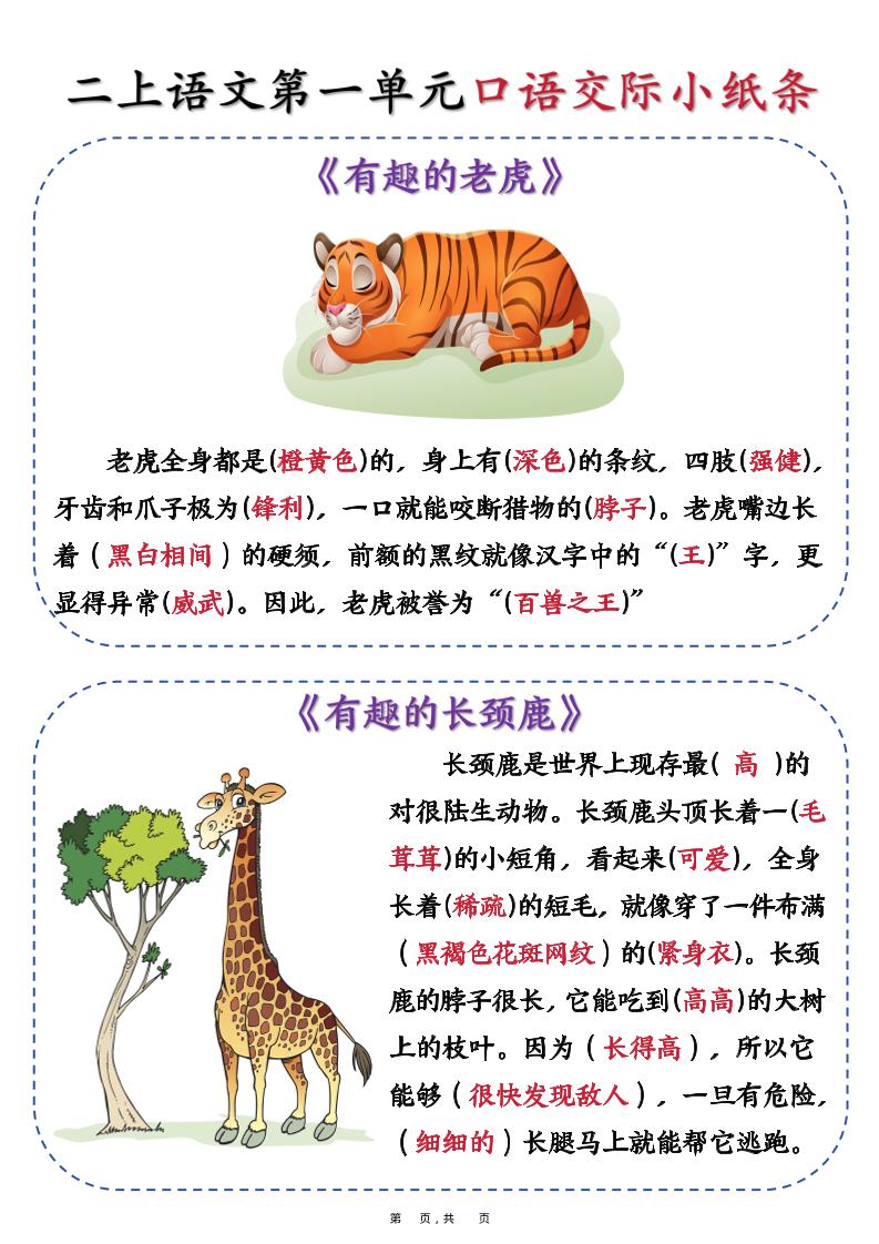 新二上语文第一单元《有趣的动物》口语交际小纸条（含空白14页）-七宝：认真做好一件事