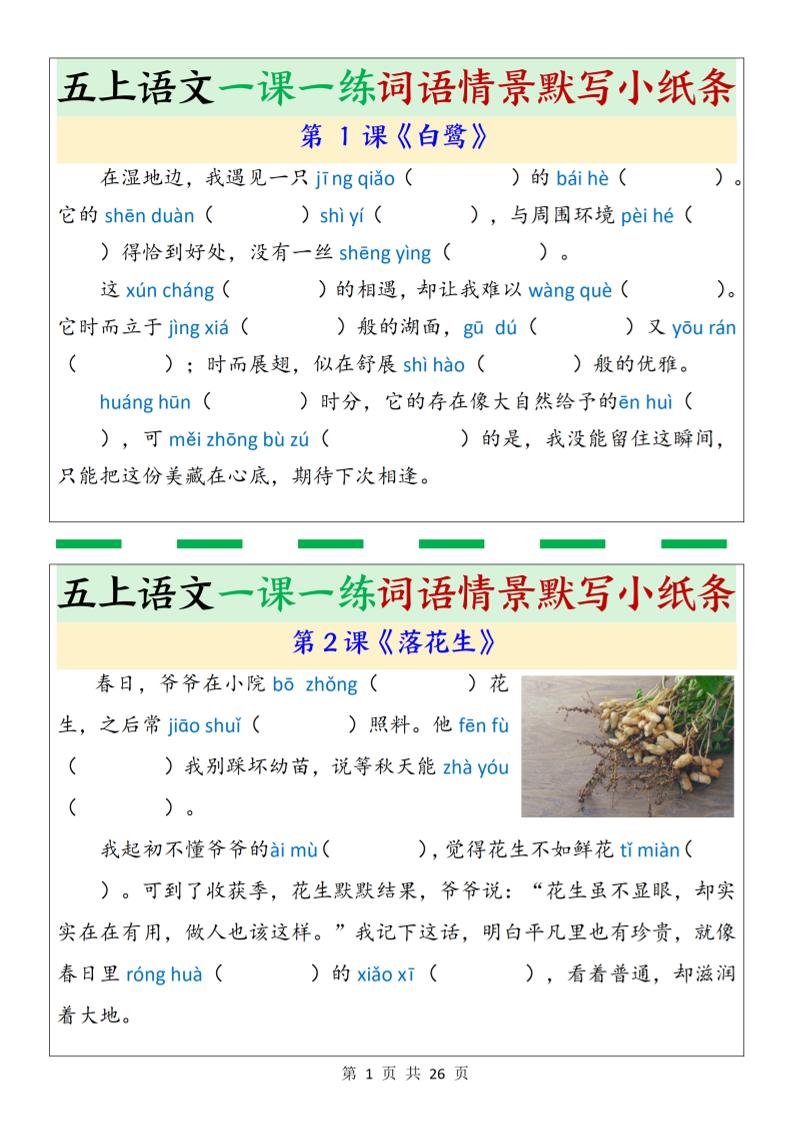 五上语文一课一练词语情景默写小纸条（含答案26页）-七宝：认真做好一件事