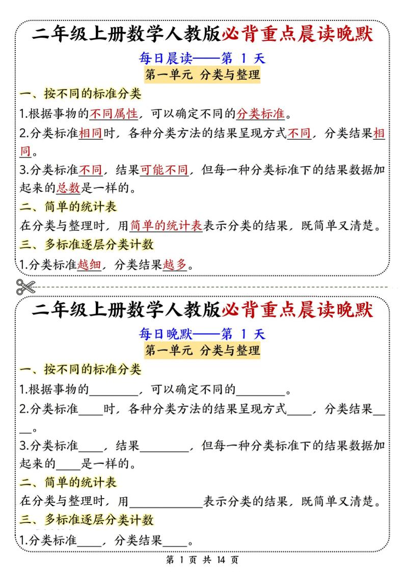 新二上数学人教版必背重点晨读晚默14天（14页）-七宝：认真做好一件事