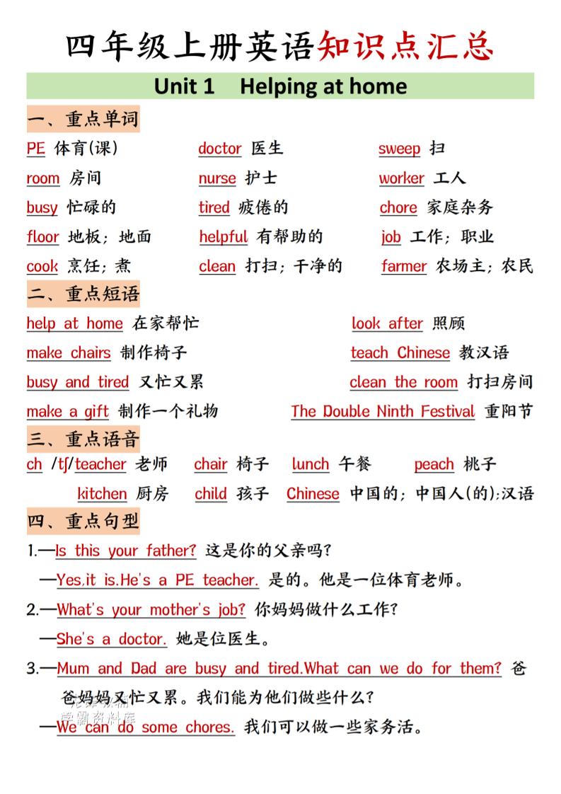 四年级上人教PEP版英语知识点汇总-七宝：认真做好一件事