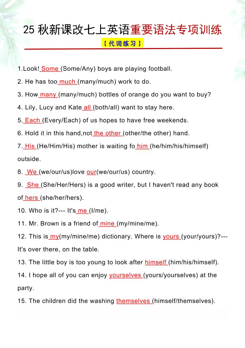 【2025秋新版】七上英语重要语法专项训练-七宝：认真做好一件事