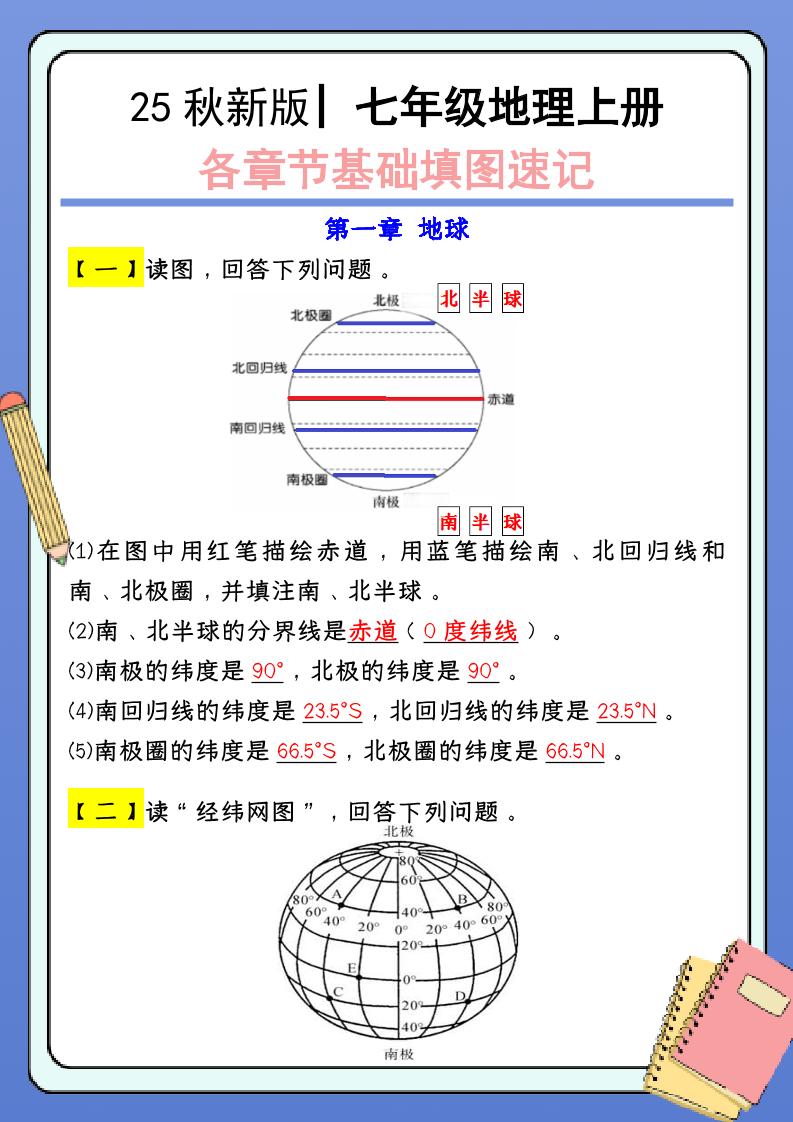 【2025秋新版】七年级地理上册：各章节基础填图速记（含答案）-七宝：认真做好一件事