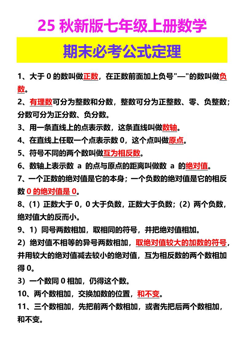 【2025秋新版】七年级上册数学期末必考公式定理-七宝：认真做好一件事