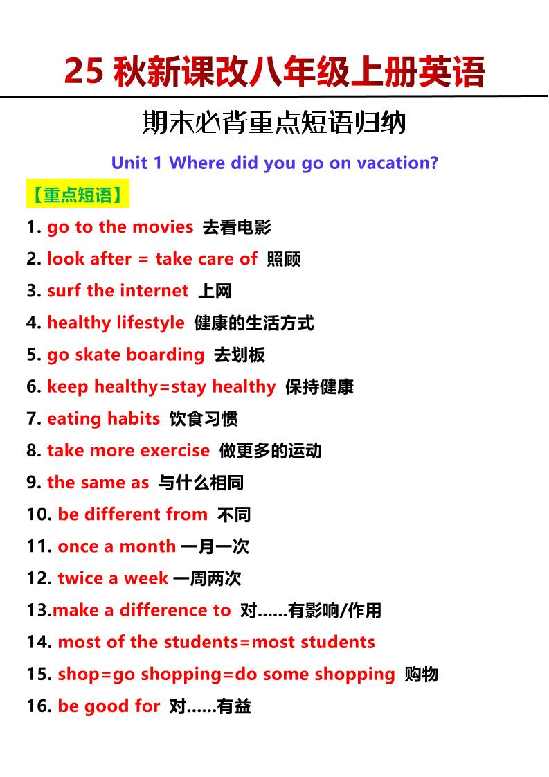 【2025秋新版】八年级上册英语期末必背重点短语归纳-七宝：认真做好一件事