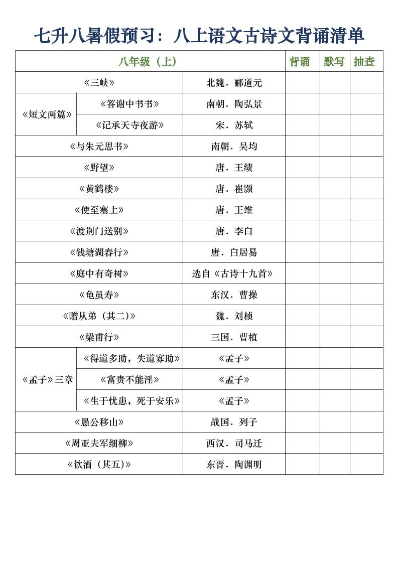 八年级上语文古诗文背诵清单-七宝：认真做好一件事