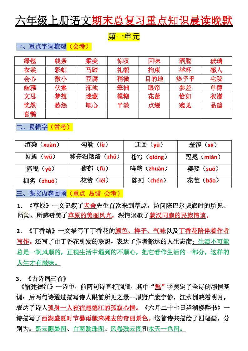 六上语文复习重点晨读单(16页)-七宝：认真做好一件事